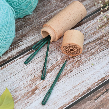 Teal Wooden Darning Needles in Beech Wood Container